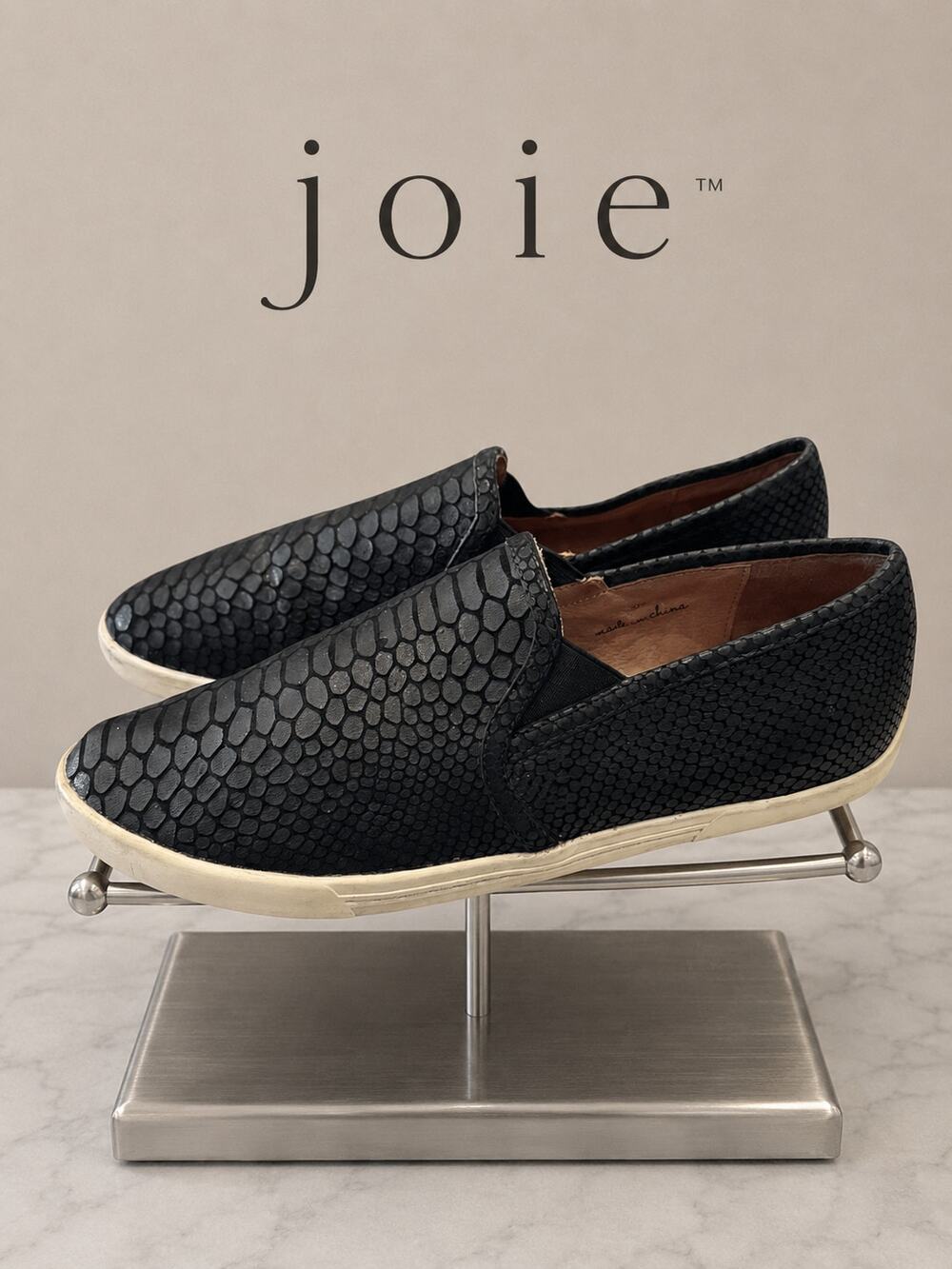 Joie Kidmore Black Snake Embossed Leather Slip On Sneakers US 8.5